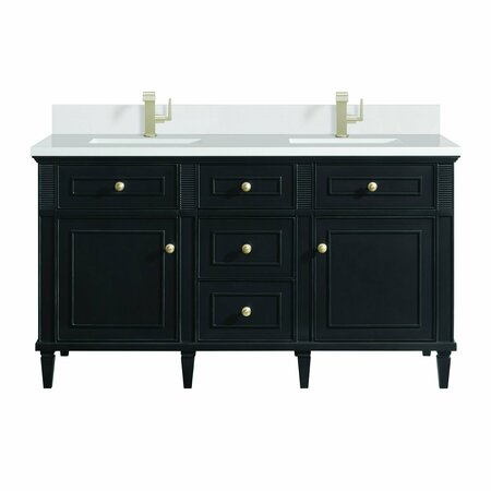 JAMES MARTIN VANITIES 60'' Double Vanity, Black Onyx w/ Single Hole 3 CM White Zeus Quartz Top & Backsplash 424-V60D-BKO-1WZ